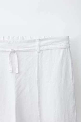 Брюки прямого кроя из смесового льна со шнурком- Заказать в России