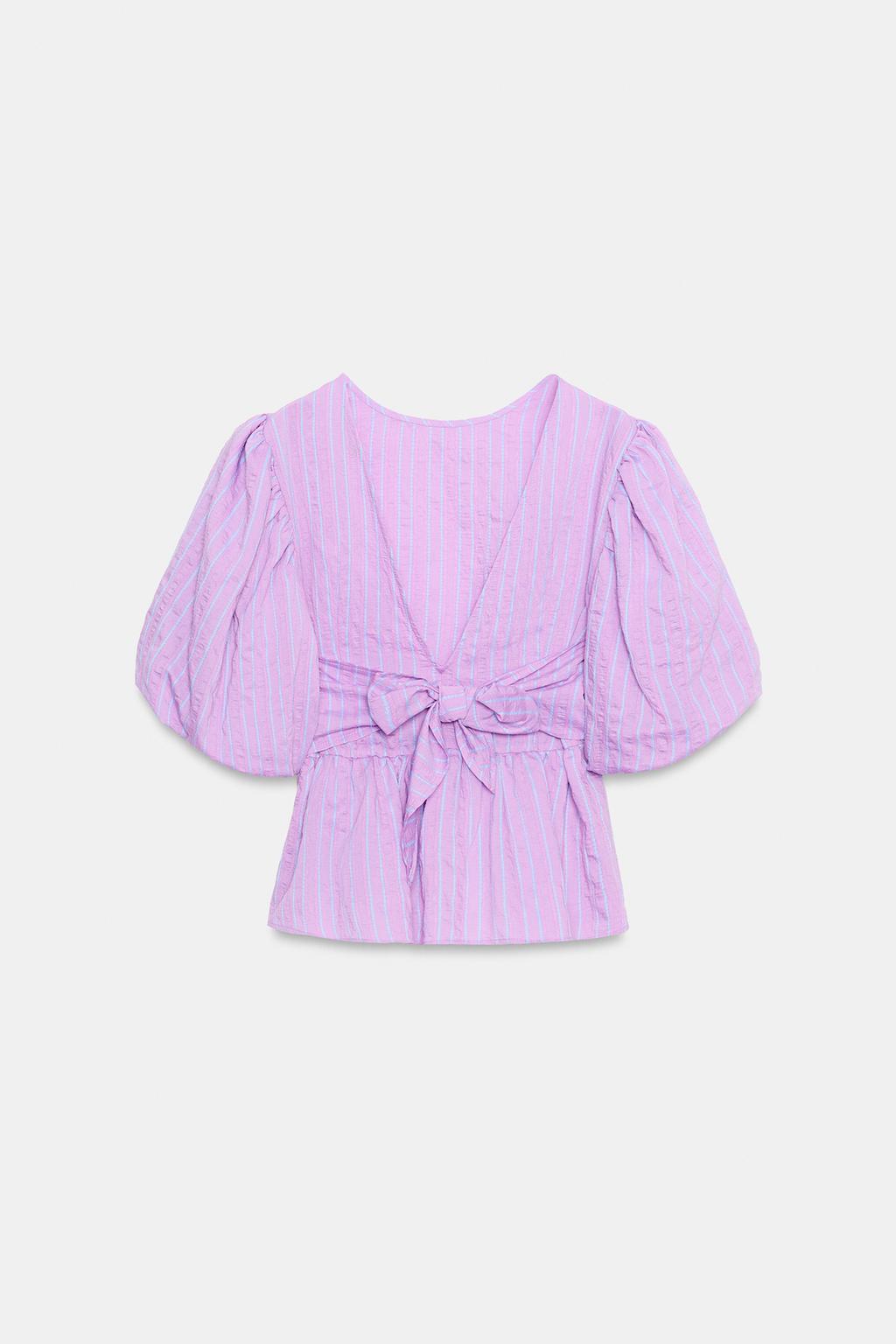 Блузка в полоску с рукавами-фонариками и бантом