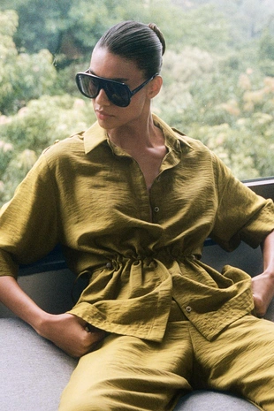 Рубашка сафари из льна с завязками- Заказать в России