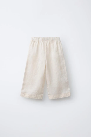 Брюки-кюлоты из 100% льна с кружевом- Заказать в России