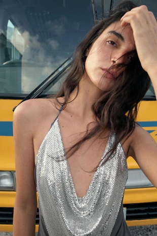 Купить Zara Топ халтер со сборками и сеткой