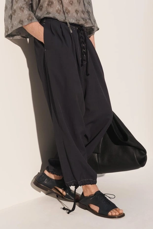 Широкие брюки с завышенной талией на завязке- Заказать в России