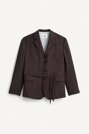 Пиджак полуприталенного кроя из вискозы и льна в полоску- Заказать в России