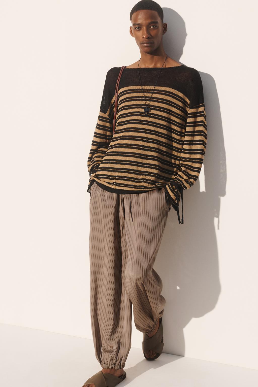 Пуловер в полоску из льняно-вискозного микса