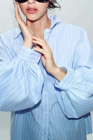 Рубашка в полоску с объемными рукавами- Заказать в России