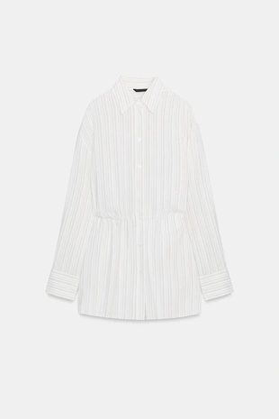 Длинная рубашка в полоску с поясом- Заказать в России