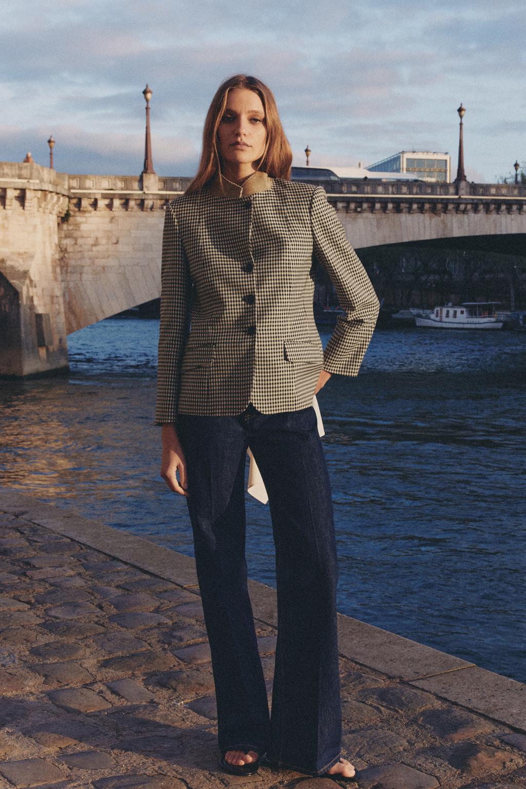 БЛЕЙЗЕР В КЛЕТКУ С КОМБИНИРОВАННЫМ ВОРОТНИКОМ — ZW COLLECTION