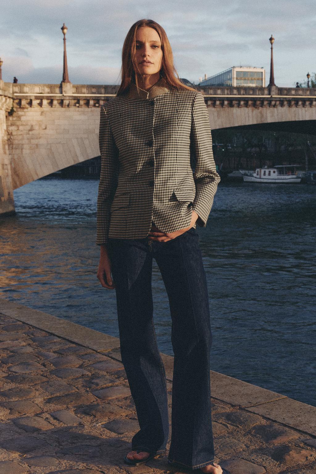 БЛЕЙЗЕР В КЛЕТКУ С КОМБИНИРОВАННЫМ ВОРОТНИКОМ — ZW COLLECTION