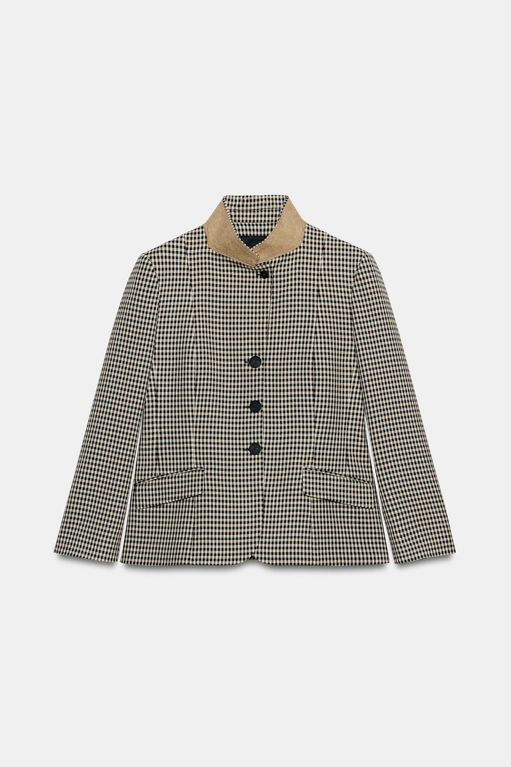 БЛЕЙЗЕР В КЛЕТКУ С КОМБИНИРОВАННЫМ ВОРОТНИКОМ — ZW COLLECTION