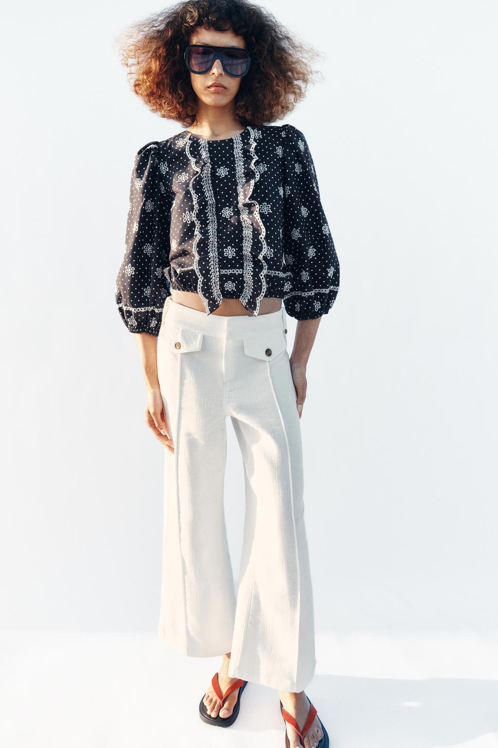 БЛУЗА В ГОРОШЕК С ПЕРФОРИРОВАННОЙ ВЫШИВКОЙ