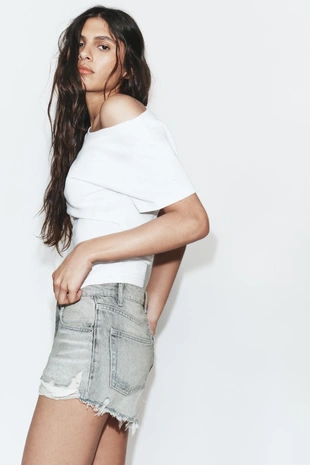 Джинсовые шорты zara trf с высокой посадкой и потертостями- Заказать в России