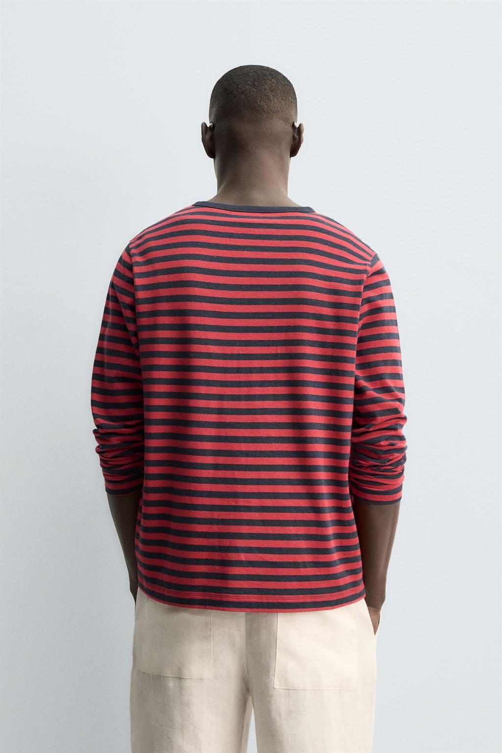 ФУТБОЛКА В ПОЛОСКУ ИЗ ЛЬНА И ХЛОПКА С КРУГЛЫМ ВЫРЕЗОМ