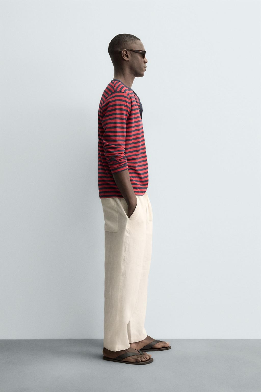 ФУТБОЛКА В ПОЛОСКУ ИЗ ЛЬНА И ХЛОПКА С КРУГЛЫМ ВЫРЕЗОМ