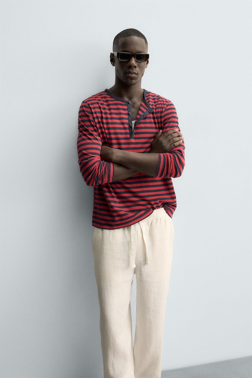 ФУТБОЛКА В ПОЛОСКУ ИЗ ЛЬНА И ХЛОПКА С КРУГЛЫМ ВЫРЕЗОМ