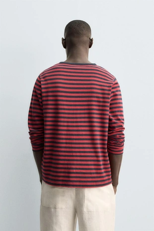 Футболка в полоску из льна и хлопка с круглым вырезом- Заказать в России