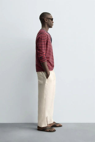 Футболка в полоску из льна и хлопка с круглым вырезом- Заказать в России