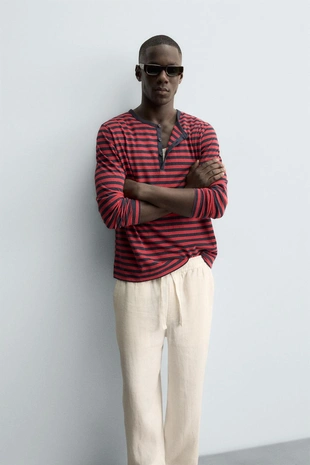 Футболка в полоску из льна и хлопка с круглым вырезом- Заказать в России