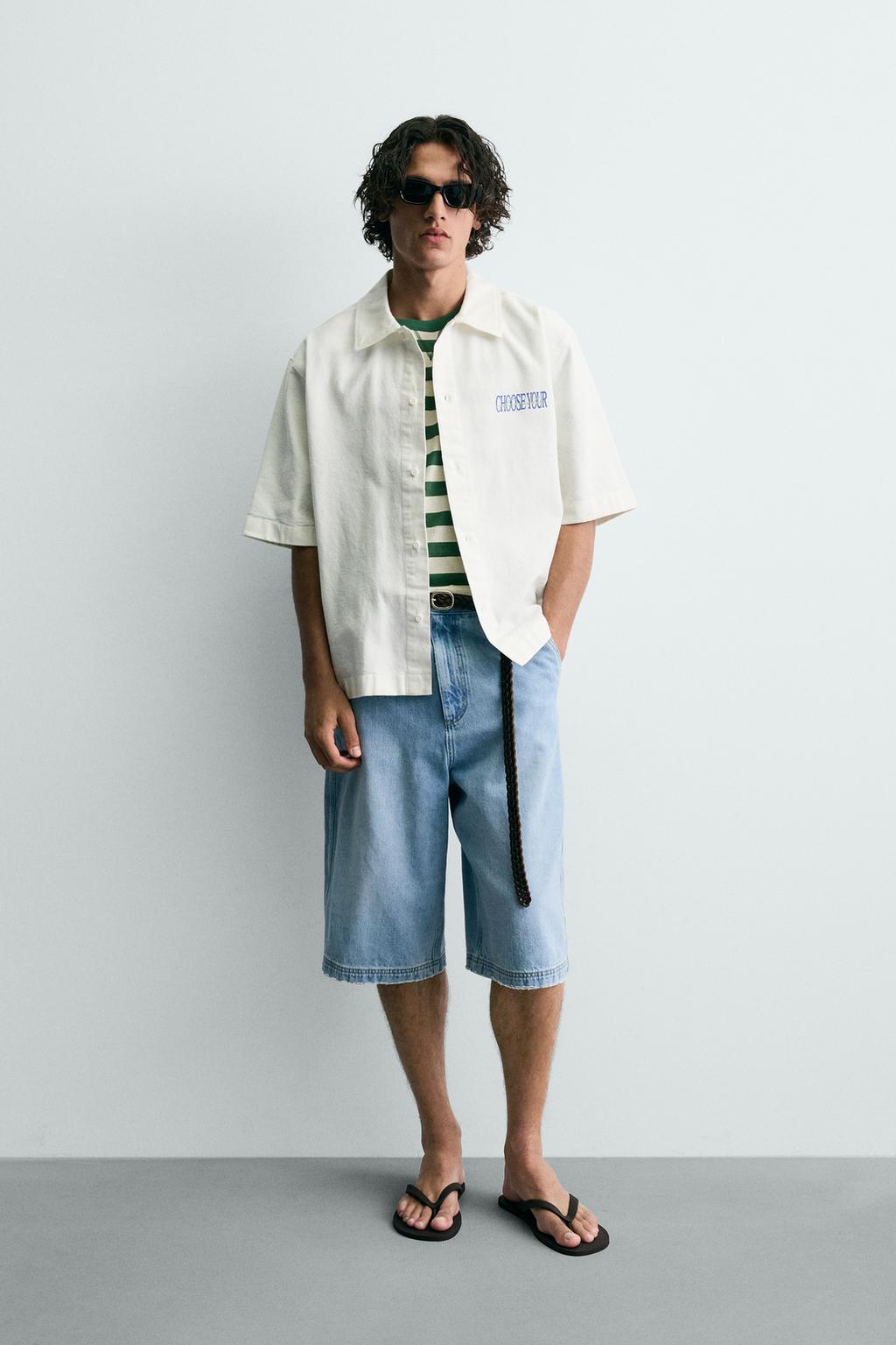 РУБАШКА С КОНТРАСТНЫМ ПРИНТОМ И ЭФФЕКТОМ ПОТЕРТОСТИ