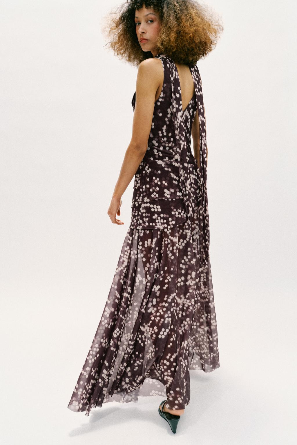 ДЛИННОЕ ПЛАТЬЕ ИЗ ПОЛУПРОЗРАЧНОЙ ТКАНИ В ГОРОШЕК