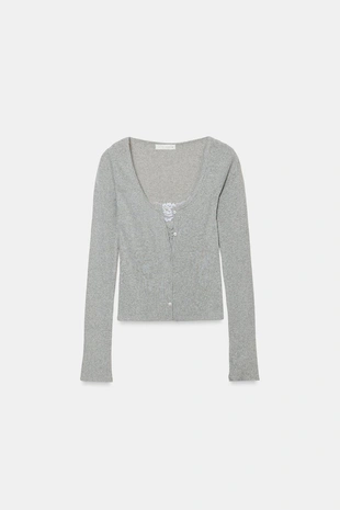 Кардиган с комбинированным кружевным топом