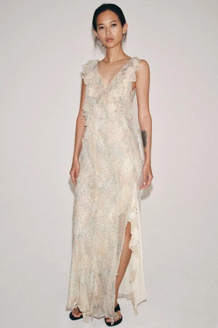 Платье из ткани с цветочным принтом и воланами- Заказать в России