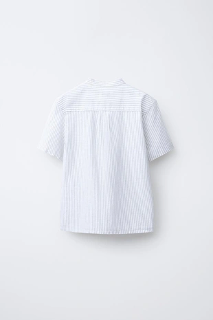 Рубашка с воротником-стойкой из хлопка и льна в полоску- Заказать в России