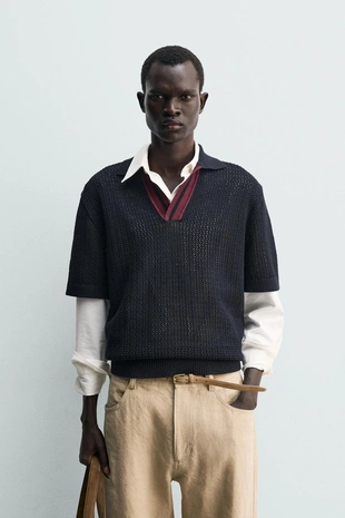 Комбинированное поло из рельефного трикотажа- Заказать в России