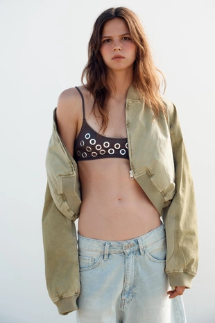 Бомбер из ткани с эффектом потертости- Заказать в России