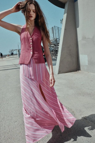 Полосатая юбка миди из льна- Заказать в России