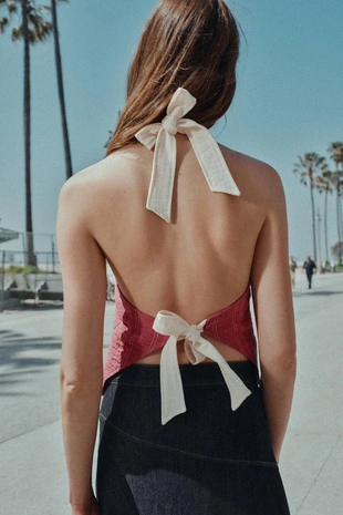 Жилет халтер в полоску с завязками- Заказать в России