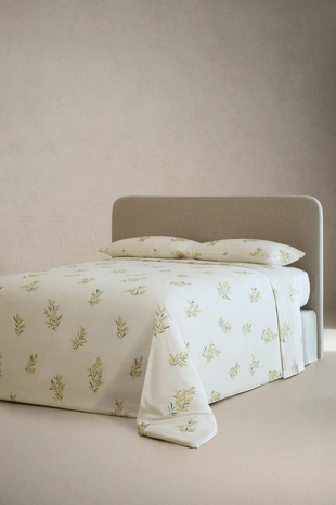 Простыня из хлопка с атласным переплетением и цветочным принтом мимозы- Заказать в России