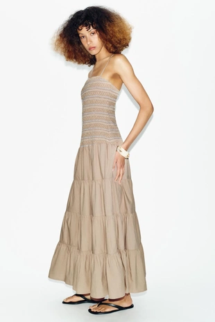 Dark beige | 1008/022/731 - Zara Платье миди с вышивкой и эффектом жатки