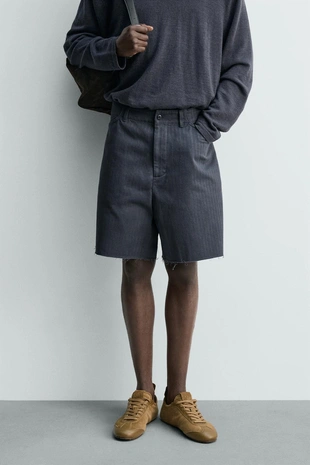 Купить Zara Хлопковые шорты из ткани в ёлочку с эффектом потертости