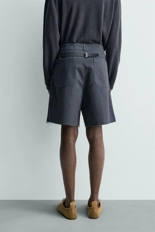Dark indigo | 5862/239/443 - Zara Хлопковые шорты из ткани в ёлочку с эффектом потертости