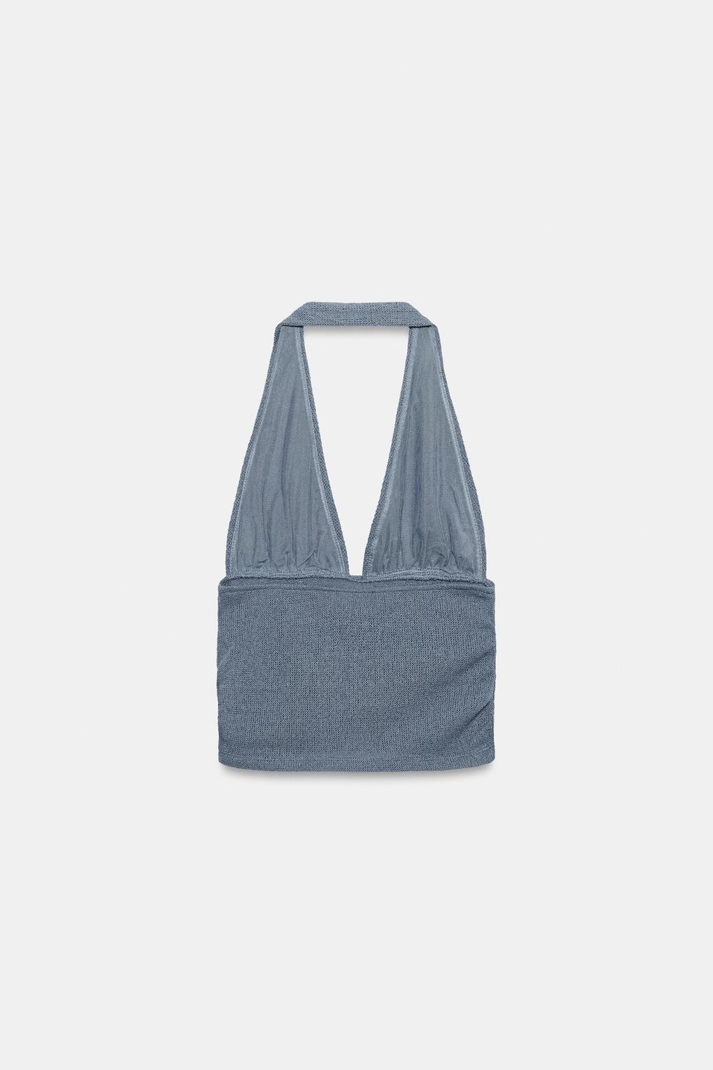 ТОП ИЗ ГРУБОЙ ТКАНИ С ГОРЛОВИНОЙ ХАЛТЕР И БУСИНАМИ