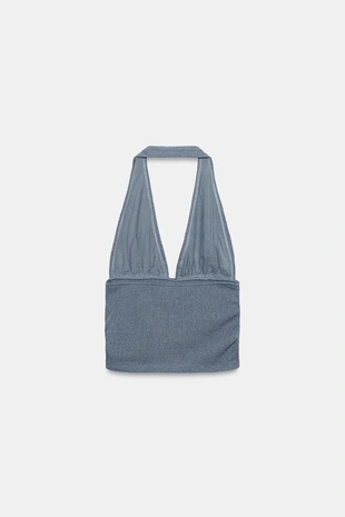 Топ из грубой ткани с горловиной халтер и бусинами- Заказать в России