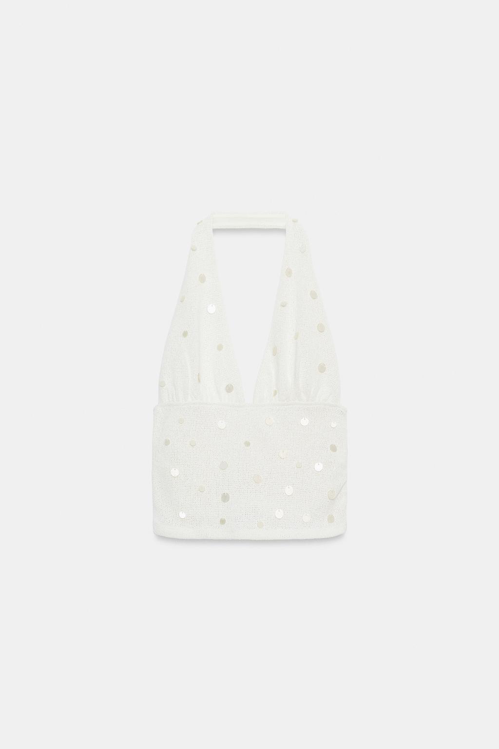 ТОП ИЗ ГРУБОЙ ТКАНИ С ГОРЛОВИНОЙ ХАЛТЕР И БУСИНАМИ