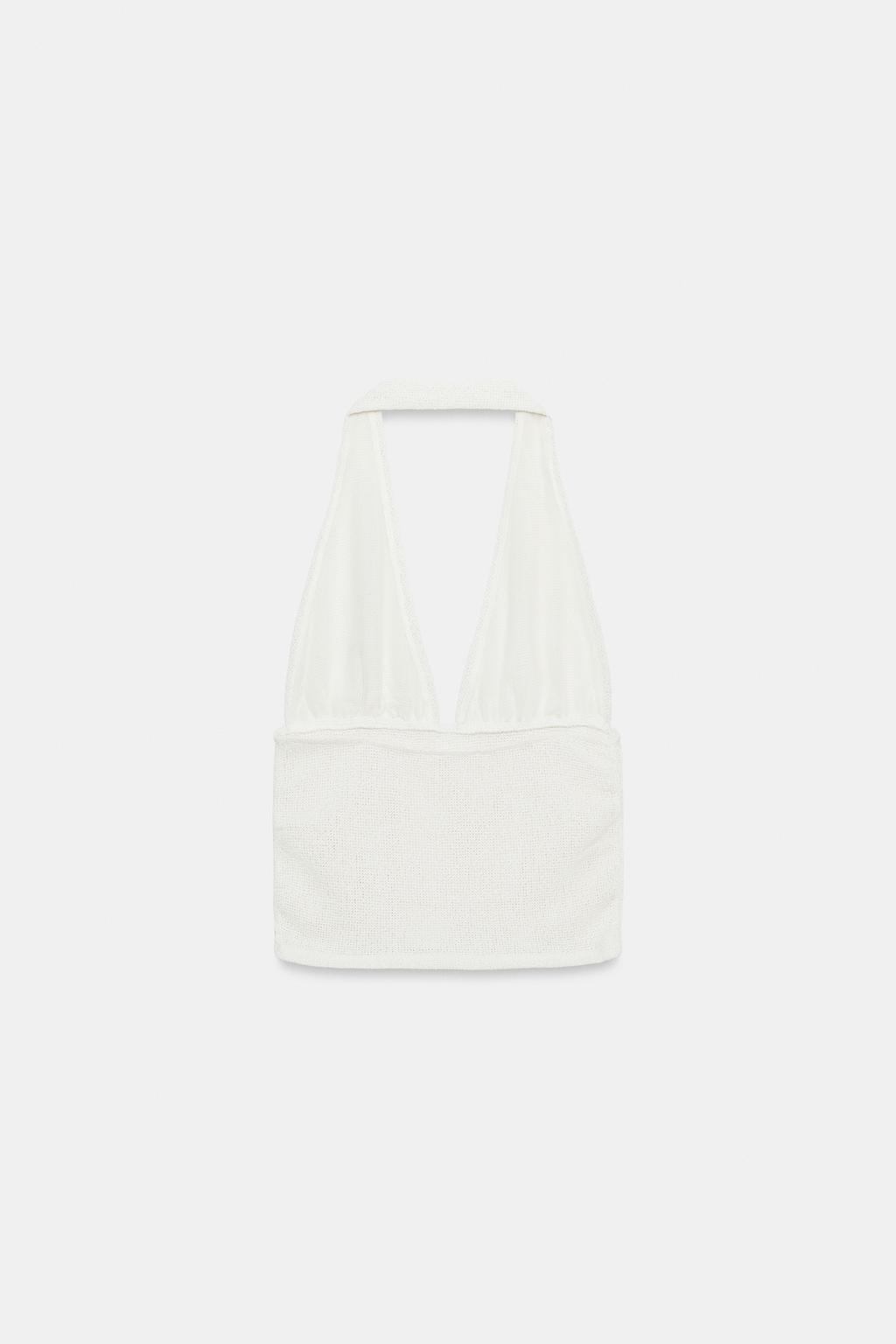 ТОП ИЗ ГРУБОЙ ТКАНИ С ГОРЛОВИНОЙ ХАЛТЕР И БУСИНАМИ