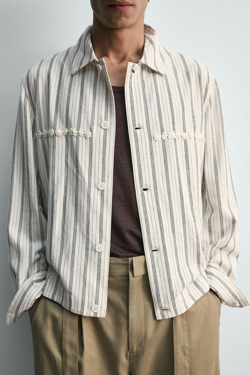 КУРТКА-РУБАШКА ИЗ СТРУЯЩЕЙСЯ ТКАНИ В ПОЛОСКУ С ВЫШИВКОЙ