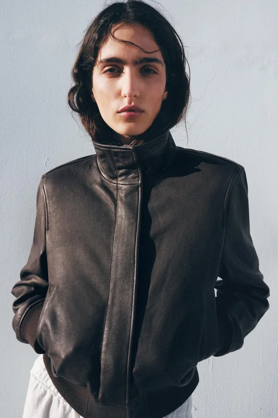 Кожаная бомбер-куртка с накладными подкладками Zara «ZW» Лимитированная коллекция