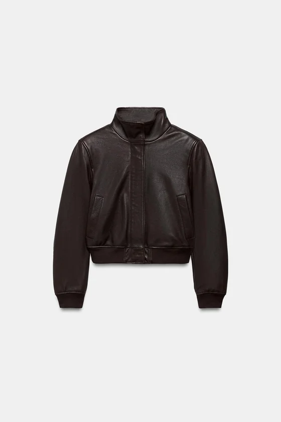 Кожаная бомбер-куртка с накладными подкладками Zara «ZW» Лимитированная коллекция