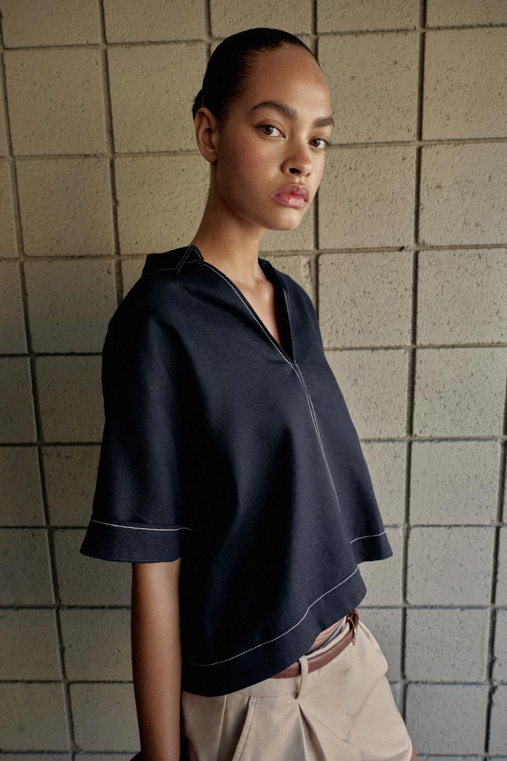 РУБАШКА ИЗ СМЕСОВОГО ЛЬНА С КОНТРАСТНЫМИ ШВАМИ