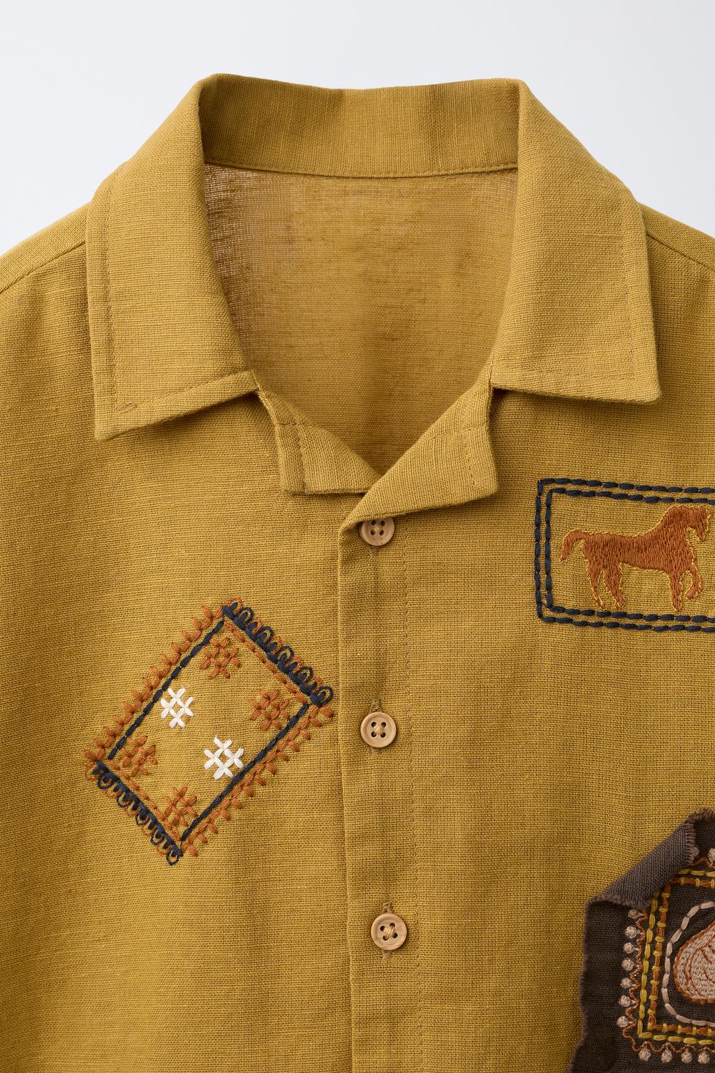 РУБАШКА БОУЛИНГ С НАШИВКАМИ, ХЛОПОК И ЛЕН