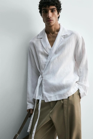 Рубашка из 100% льна с бантом- Заказать в России