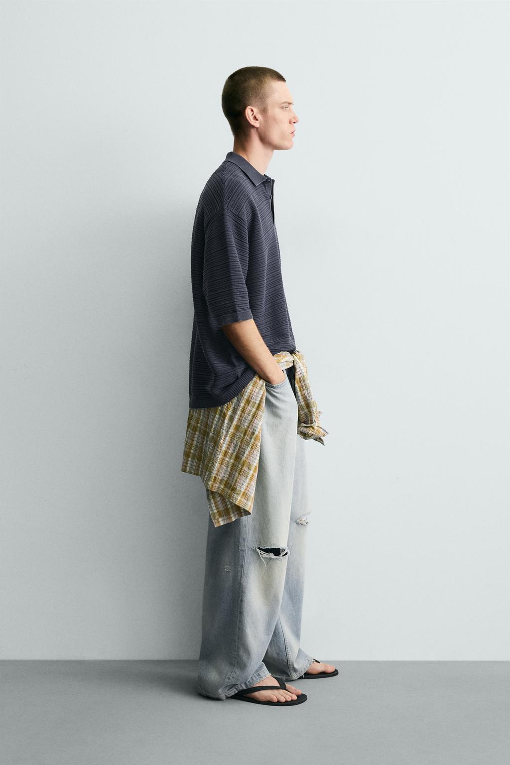 ПОЛО RELAXED FIT ИЗ СТРУКТУРНОГО ТРИКОТАЖА С ЭФФЕКТОМ ПОТЕРТОСТИ