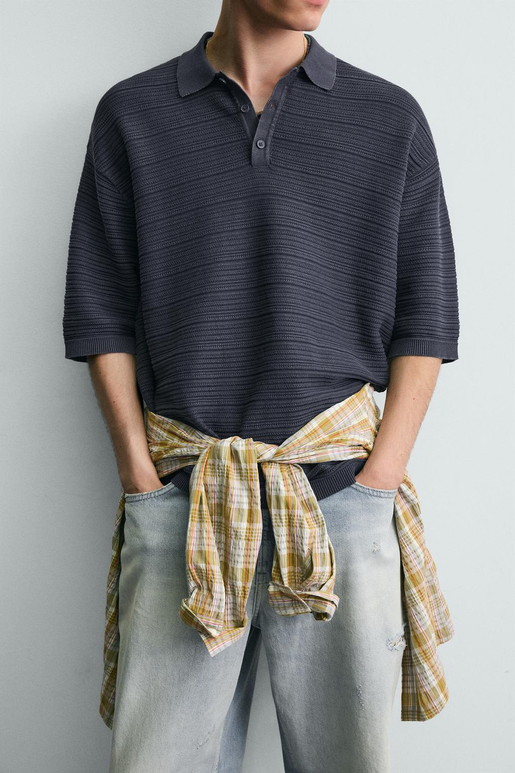 ПОЛО RELAXED FIT ИЗ СТРУКТУРНОГО ТРИКОТАЖА С ЭФФЕКТОМ ПОТЕРТОСТИ