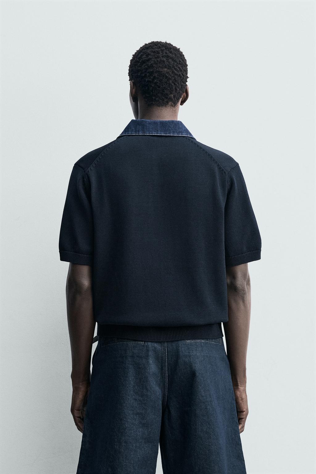 ТРИКОТАЖНОЕ ПОЛО С ДЕНИМОВЫМ ВОРОТНИКОМ