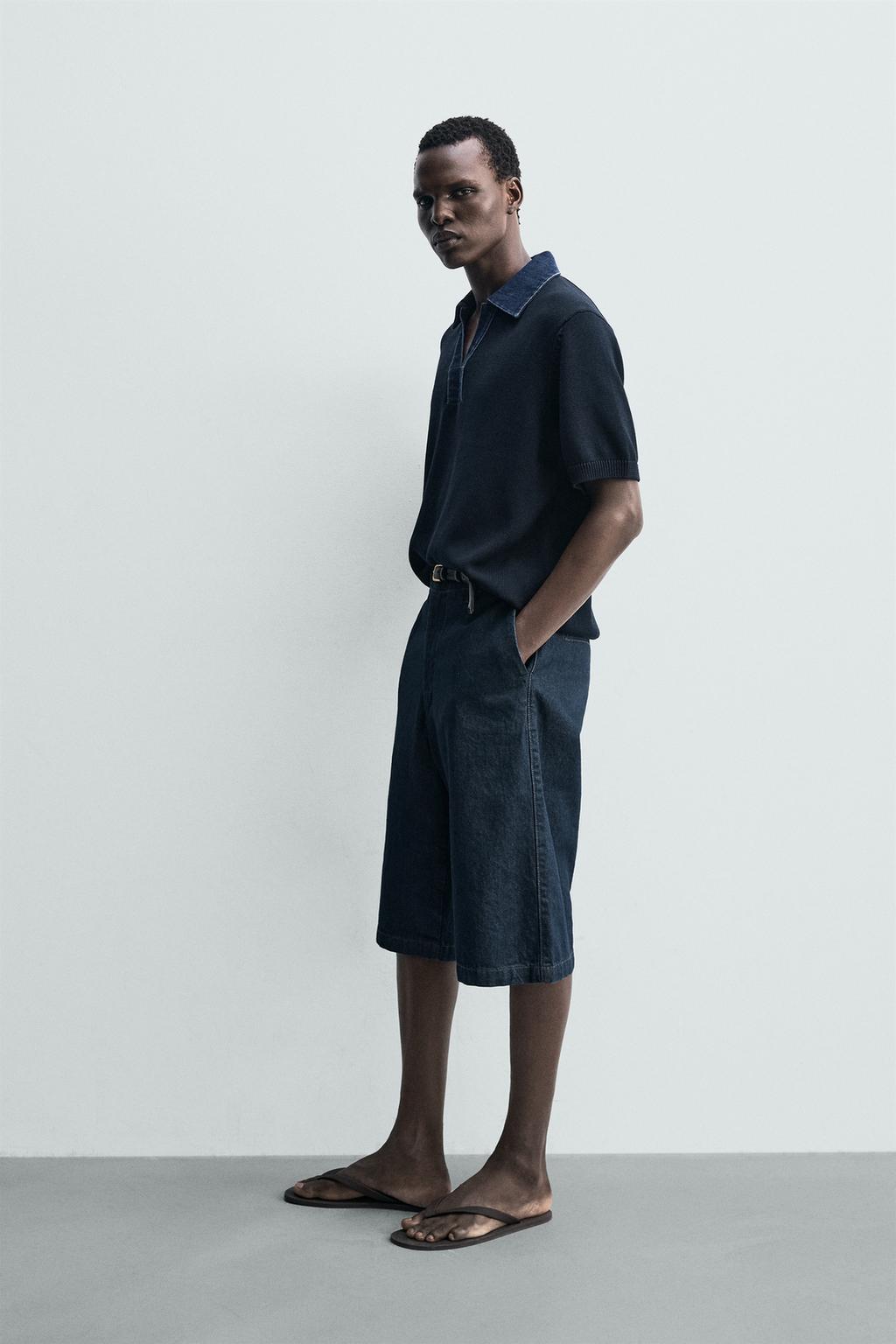 ТРИКОТАЖНОЕ ПОЛО С ДЕНИМОВЫМ ВОРОТНИКОМ