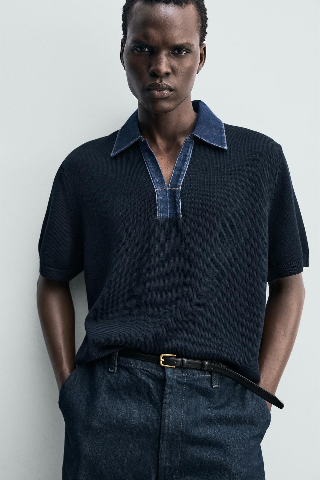 ТРИКОТАЖНОЕ ПОЛО С ДЕНИМОВЫМ ВОРОТНИКОМ