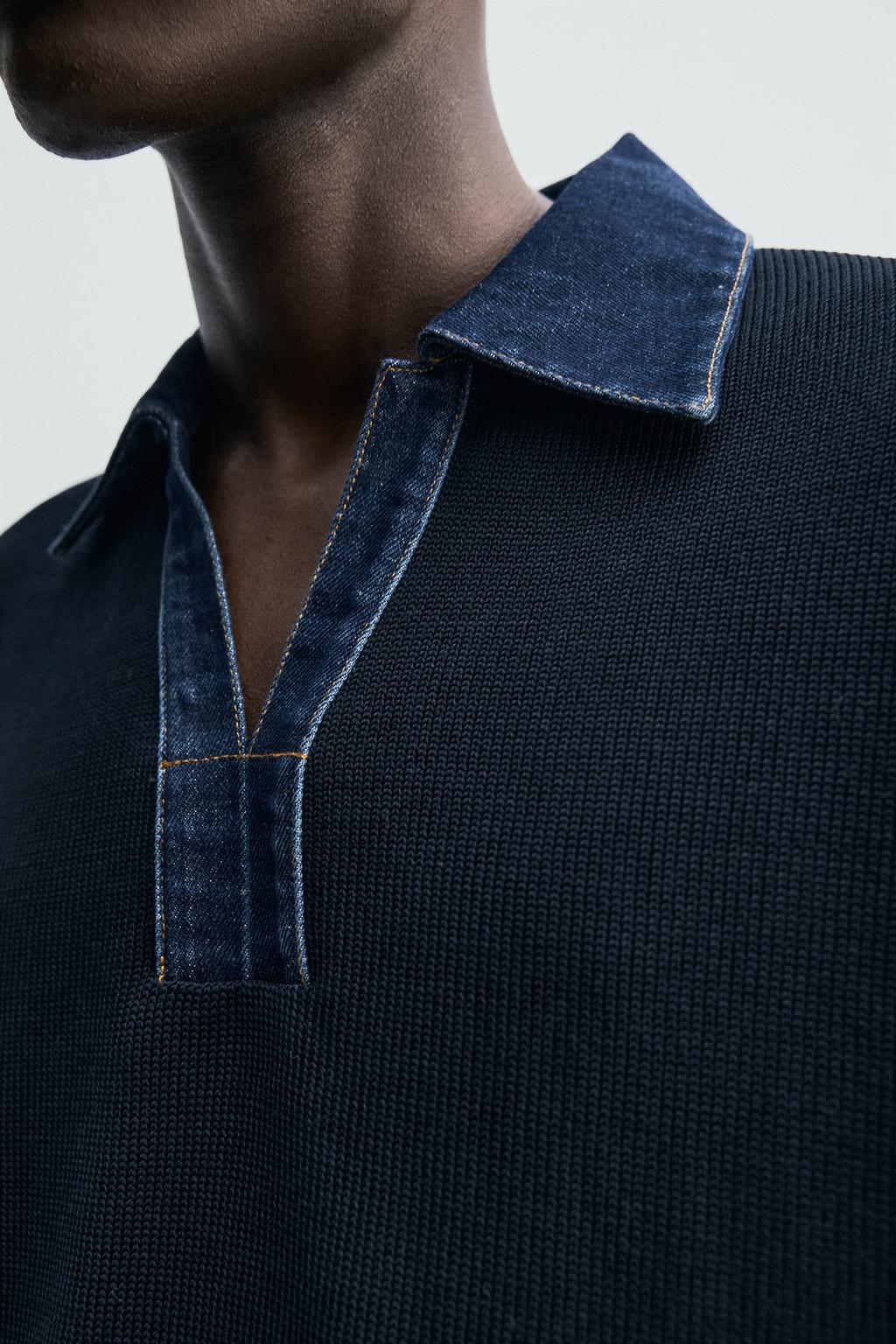 ТРИКОТАЖНОЕ ПОЛО С ДЕНИМОВЫМ ВОРОТНИКОМ